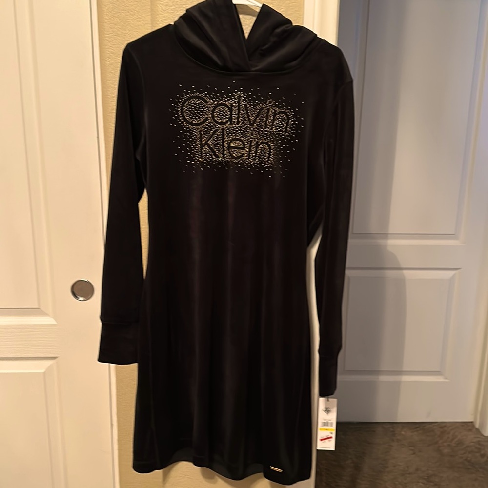 Calvin Klein Black Velvet hooded dress NEW